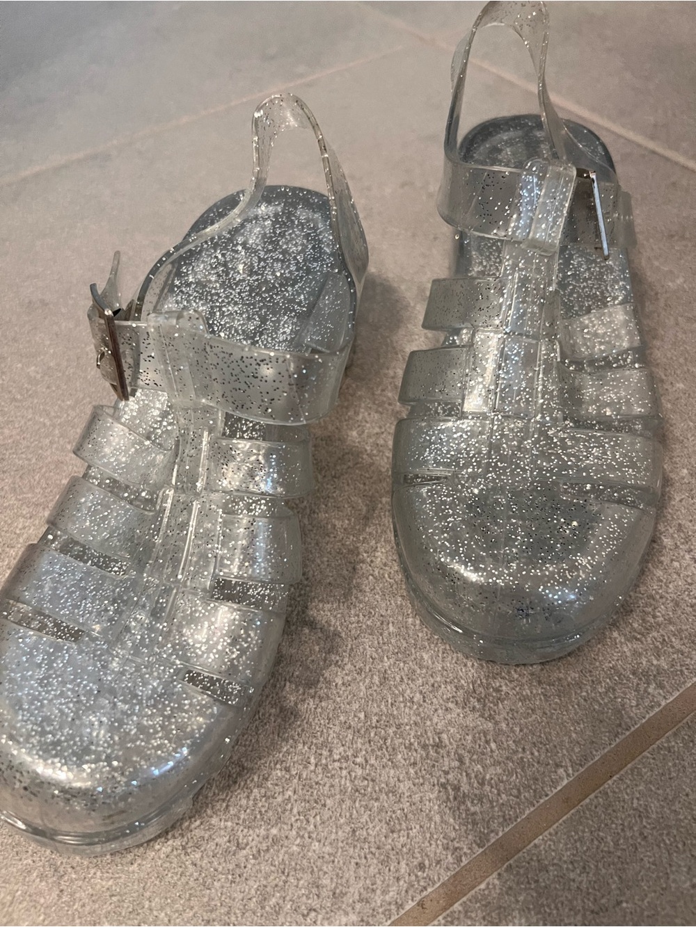 Clear Silver Glitter Jelly Heeled Sandals - Y2K Platform Chunky Sparkle Sandals - Picture 4 of 16